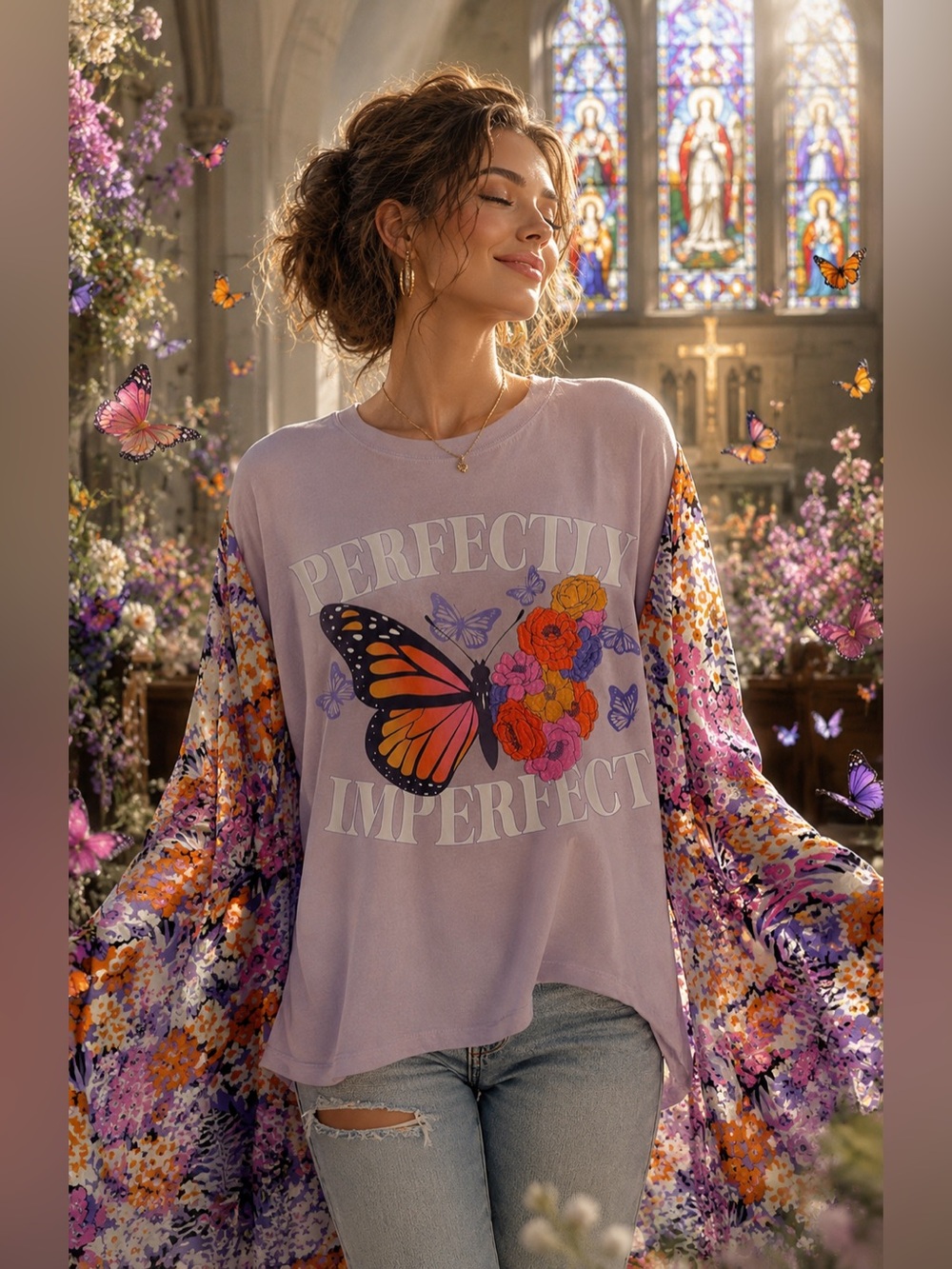 Custom Upcycled Perfectly Imperfect Butterfly Graphic Tee Kimono Poncho Top OSFM
